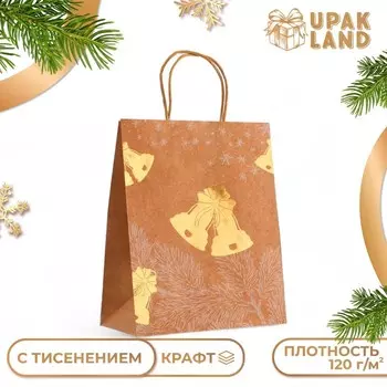 Пакет подарочный новогодний, крафт с золотым тиснением, круглая ручка, «Колокольчик» 332512 см, 120 г