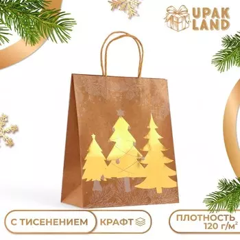 Пакет подарочный новогодний, крафт с золотым тиснением, круглая ручка, «Рождественский лес» 332512 см, 120 г