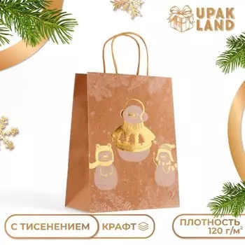 Пакет подарочный новогодний, крафт с золотым тиснением, «Снеговик» круглая ручка, 212711 см, 120 г