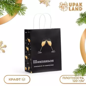 Пакет бумажный подарочный новогодний крафт, "Шампаньон" , 27 х 21 х 11 см.