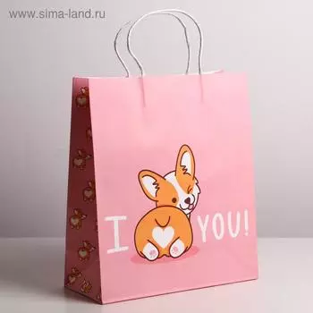 Пакет подарочный крафтовый, упаковка, I love you, 26 х 30 х 11.5 см