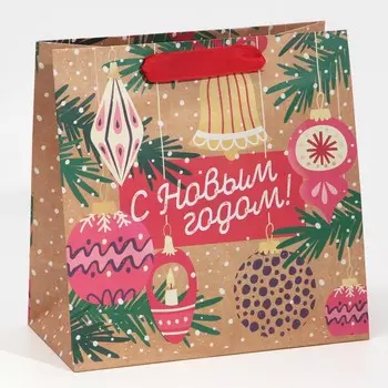 Пакет крафтовый квадратный «Новогодние чудеса», 22 × 22 × 11 см