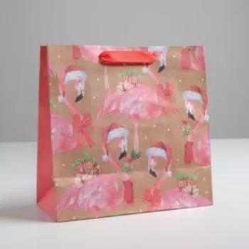 Пакет крафтовый квадратный «Новогодний фламинго», 22 × 22 × 11 см