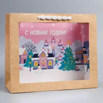 Пакет крафтовый с пластиковым окном «Город», 31 х 26 х 11 см