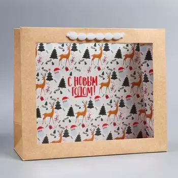 Пакет крафтовый с пластиковым окном «Новогодние истории», 31 х 26 х 11 см