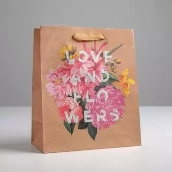 Пакет подарочный крафтовый, упаковка, «Love and flowers», 23 х 27 х 11.5 см