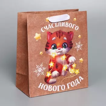 Пакет крафтовый вертикальный «Новогодние огоньки», ML 23 × 27 × 11,5 см