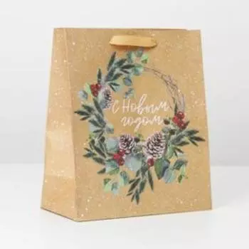 Пакет крафтовый вертикальный «Новогодний венок», ML 23 × 27 × 11.5 см