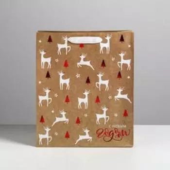Пакет крафтовый вертикальный «Олени на полянке», ML 23 × 27 × 11.5 см