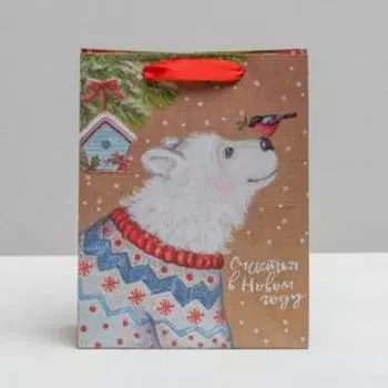 Пакет подарочный новогодний крафтовый вертикальный «Счастья в Новом году», MS 18 х 23 х 8 см