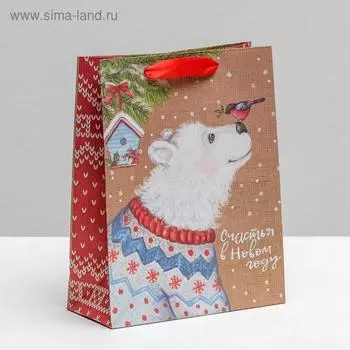 Пакет подарочный новогодний крафтовый вертикальный «Счастья в Новом году», MS 18 х 23 х 8 см