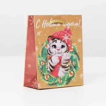 Пакет крафтовый вертикальный «Тигрёнок и веночек», S 12 × 15 × 5.5 см