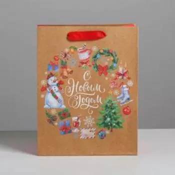 Пакет подарочный новогодний крафтовый «Венок», MS 18 х 23 х 10 см