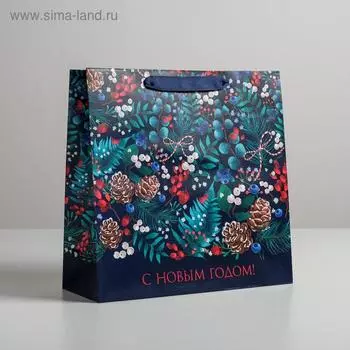 Пакет ламинированный квадратный «Новогодняя ботаника», 30 × 30 × 12 см