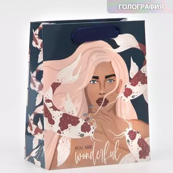 Пакет подарочный ламинированный, упаковка, «Ты замечательная», радужная голография, S 12 х 15 х 5,5 см