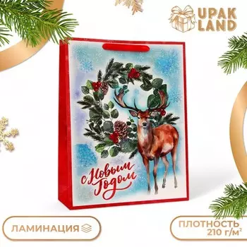 Пакет подарочный новогодний ламинированный вертикальный «Оленёнок», L 314012 см