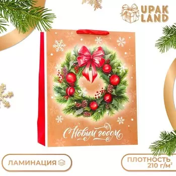 Пакет подарочный новогодний ламинированный вертикальный «Венок», XL 404919 см