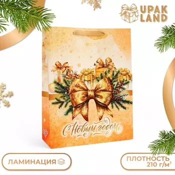 Пакет подарочный новогодний ламинированный вертикальный «Золотой бант», L 314012 см