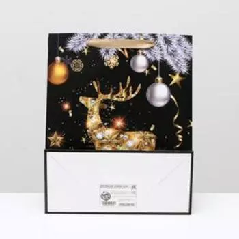 Пакет ламинированный "Золотистый олень", 26 x 32 x 12 см