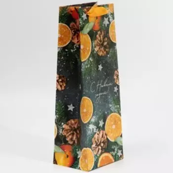 Пакет подарочный под бутылку крафтовый «Новогоднее настроение», 13 х 35 х 10 см