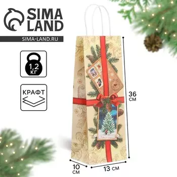 Пакет новогодний подарочный под бутылку «Почта», 13 х 36 х 10 см