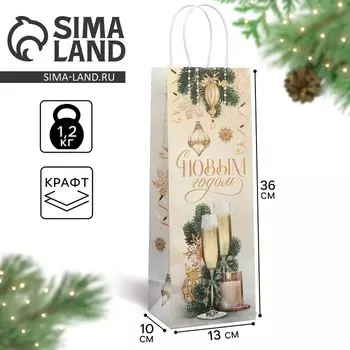 Пакет новогодний подарочный под бутылку «Шампанское», 13 х 36 х 10 см