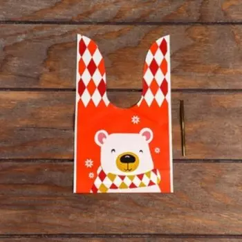 Пакет полиэтиленовый подарочный новогодний с ушками "Мишка", 13 х 23 см