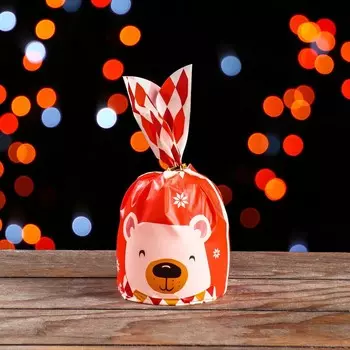 Пакет полиэтиленовый подарочный новогодний с ушками "Мишка", 13 х 23 см