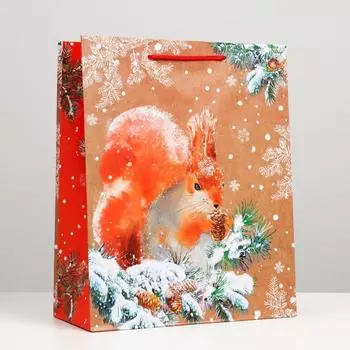 Пакет подарочный "Белка на ветке", 26 х 32 х 12 см
