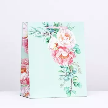 Пакет подарочный "Цветы", бирюза, 18 х 22,3 х 10 см