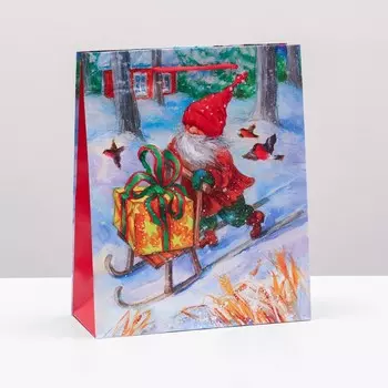 Пакет подарочный "Гном на санках", 26 х 32 х 12 см