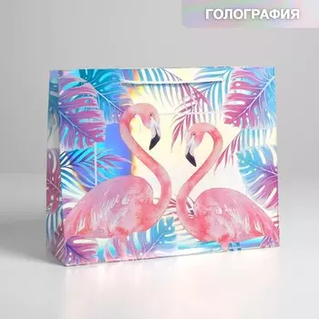 Пакет подарочный голографический, упаковка, «Фламинго», 32 х 26 х 12 см