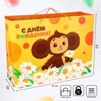 Пакет подарочный «С днём рождения»,61х46х20 см, упаковка, Чебурашка
