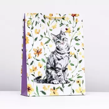 Пакет подарочный "Котик в цветах", 33 х 42,5 х 10 см