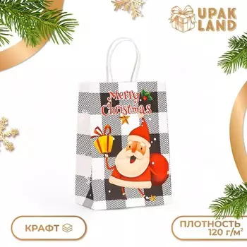 Пакет бумажный подарочный новогодний крафт «Дед Мороз с подарками» 15218 см