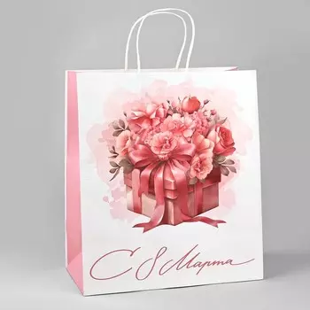 Пакет подарочный крафт «С 8 марта», цветы, 32 х 28 х 15 см