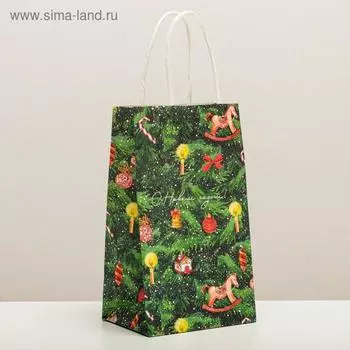 Пакет подарочный новогодний крафтовый «Новогодняя ёлочка», 12 х 21 х 9 см