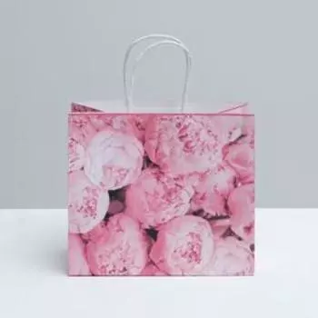 Пакет подарочный крафтовый, упаковка, «Пионы», 25 х 22 х 12 см