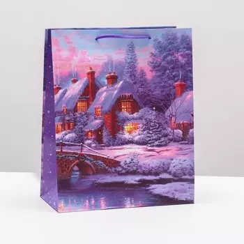 Пакет подарочный "Лесной домик зимой", 26 х 32 х 12 см
