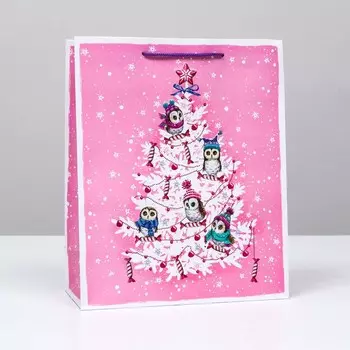 Пакет подарочный "Нежные совы на ёлке", 26 х 32 х 12 см