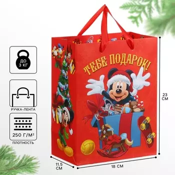Пакет подарочный новогодний, 23 х 18 х 11.5 см, упаковка, Микки Маус
