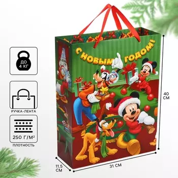 Пакет подарочный новогодний, 31 х 40 х 11.5 см, упаковка, Микки Маус