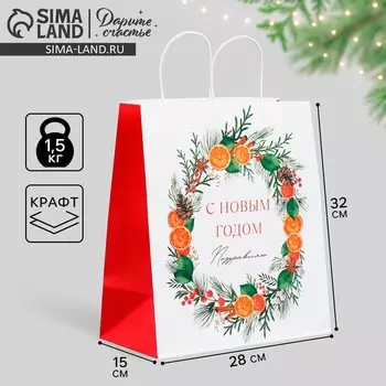 Пакет подарочный новогодний крафтовый «Поздравляю», 32 х 28 х 15 см, Новый год