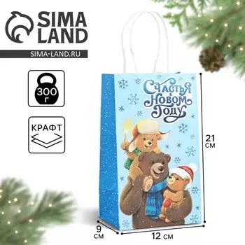 Пакет подарочный новогодний крафтовый «Счастья в Новом году», 12 х 9 х 21 см