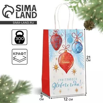 Пакет подарочный новогодний крафтовый «Счастливого Нового года», 12 х 9 х 21 см