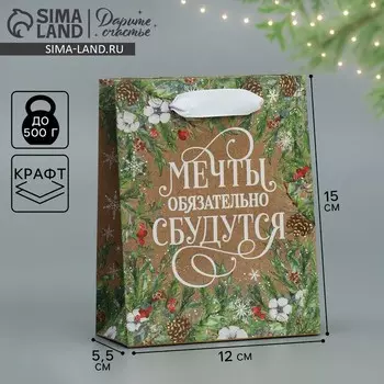 Пакет подарочный новогодний крафтовый «Пусть мечты сбудутся», S 12 х 15 х 5.5 см