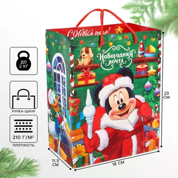 Пакет подарочный новогодний, 18х23х11.5 см, упаковка, Микки Маус