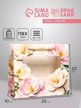 Пакет подарочный с окном «Белые пионы», 251022 см