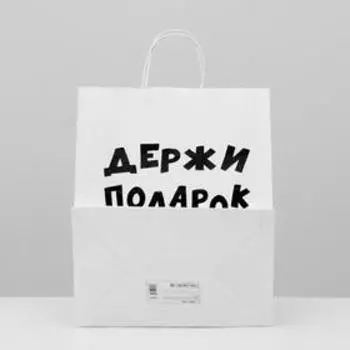 Пакет подарочный с приколами, крафт «Держи подарок», белый, 241028 см