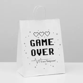 Пакет подарочный с приколами, крафт «Game Over», белый, 24 х 10,5 х 32 см